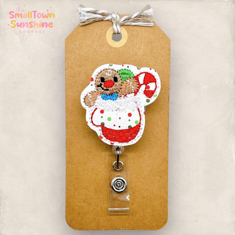 stocking stuffed with presents badge reel