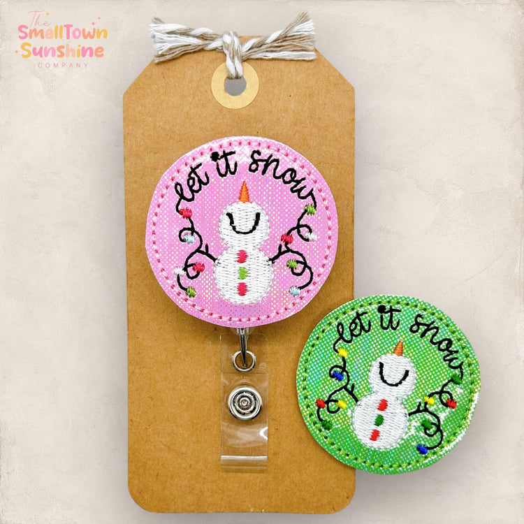 festive let it snow snowman embroidered badge reel topper
