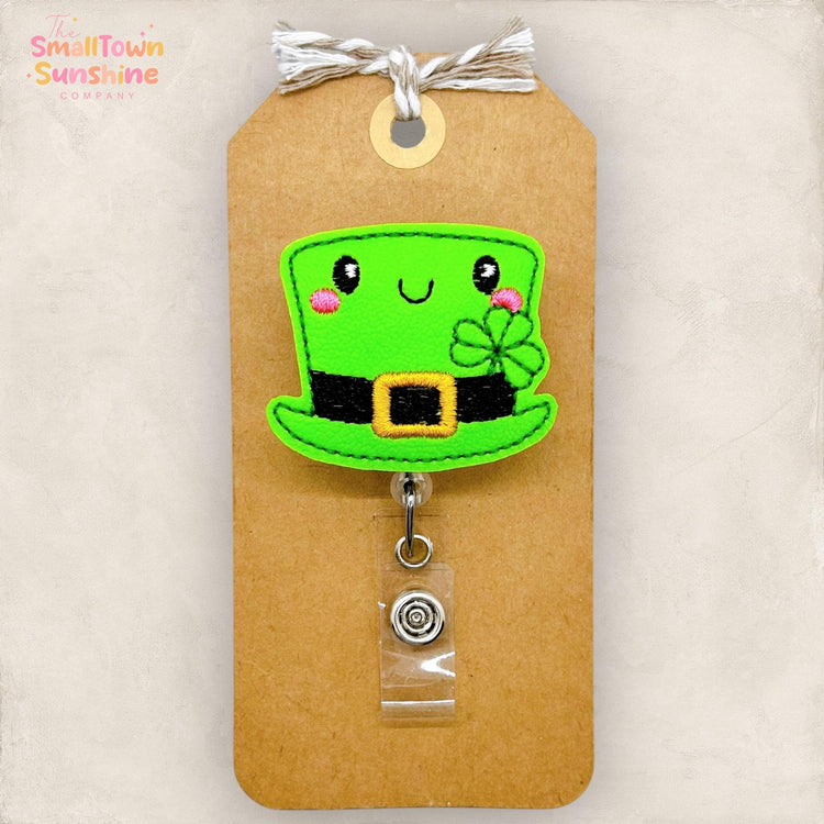 bright green leprechaun hat with cutie face and shamrock badge reel topper