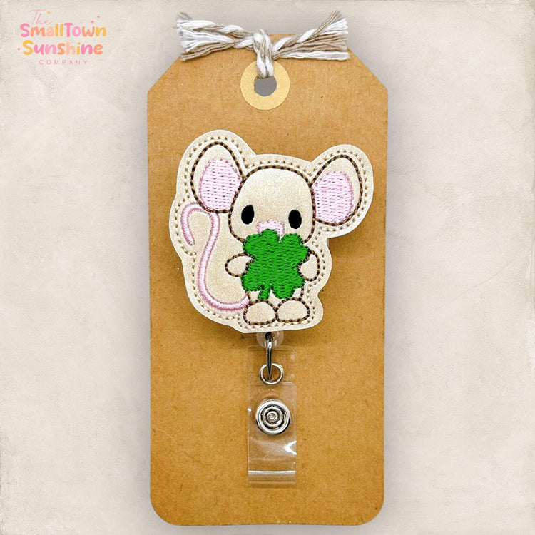 Mouse with Clover Badge Reel, St Patrickβs Day Badge Reel, Nurse Badge Clip, Teacher Lanyard, Coworker Gift, Retractable ID Badge Holder