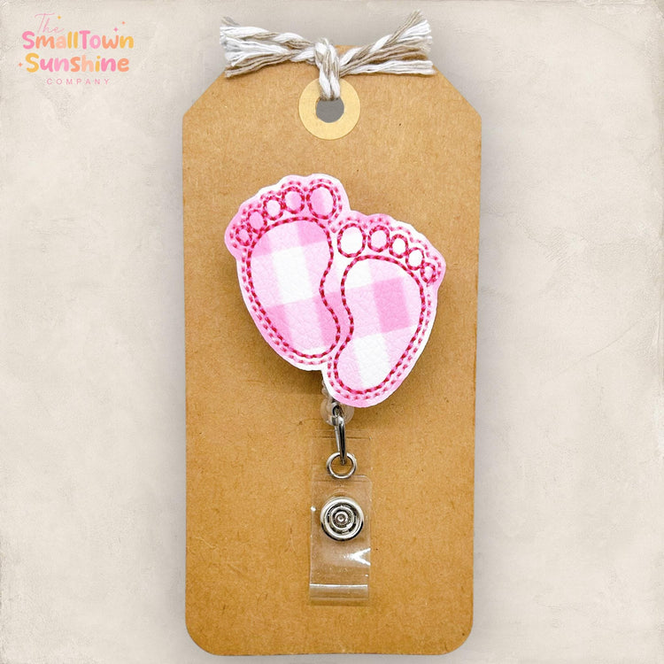 Pink Gingham Baby Feet Badge Topper