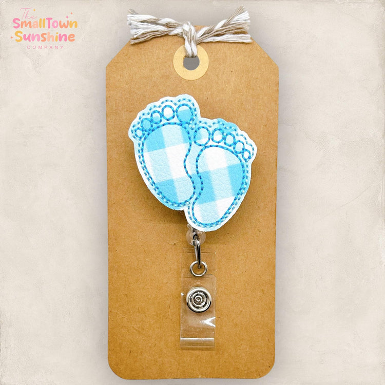 Blue Gingham Baby Feet Badge Topper