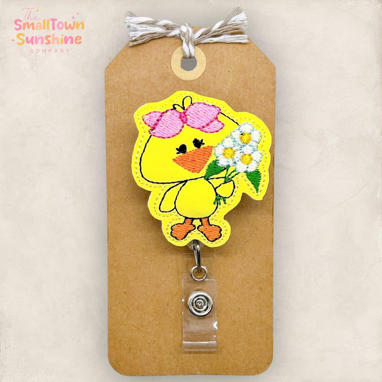Spring Chick with Flowers Badge Topper