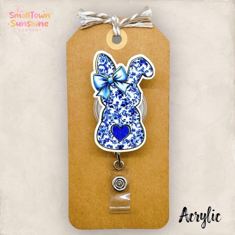 White & Blue Floral Bunny Badge Topper