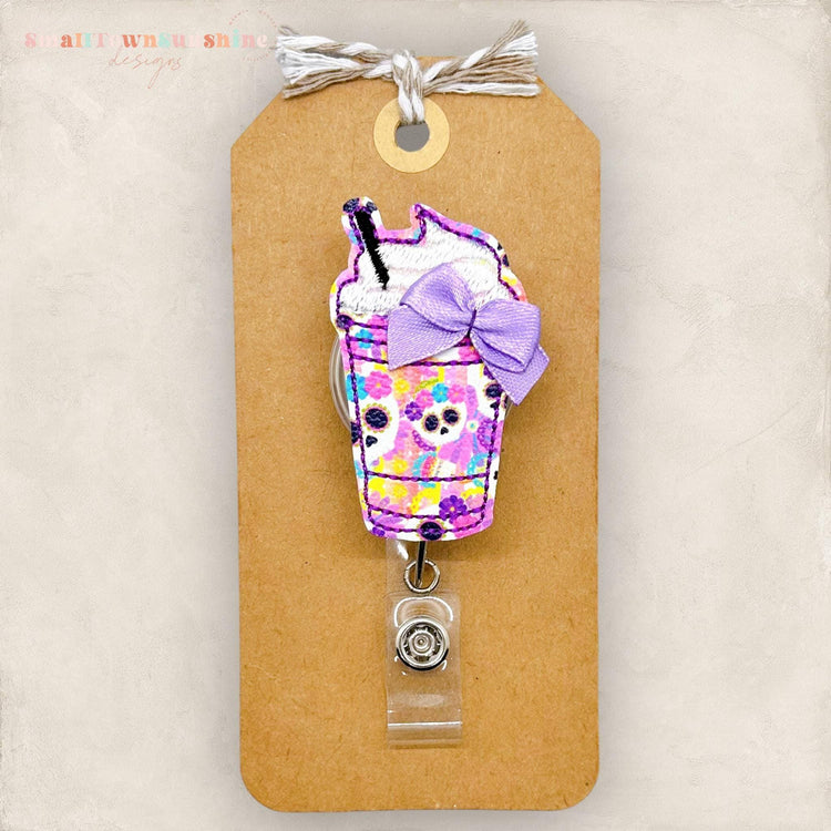 purple halloween cold foam with straw coffee cup for your badge reel