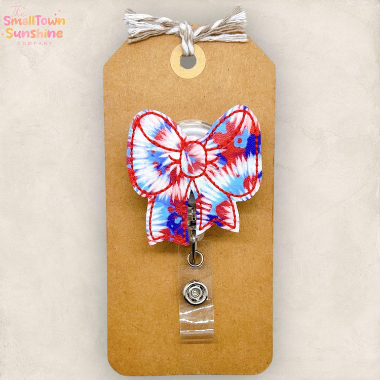 Tie Dye Patriotic Bow Badge Topper