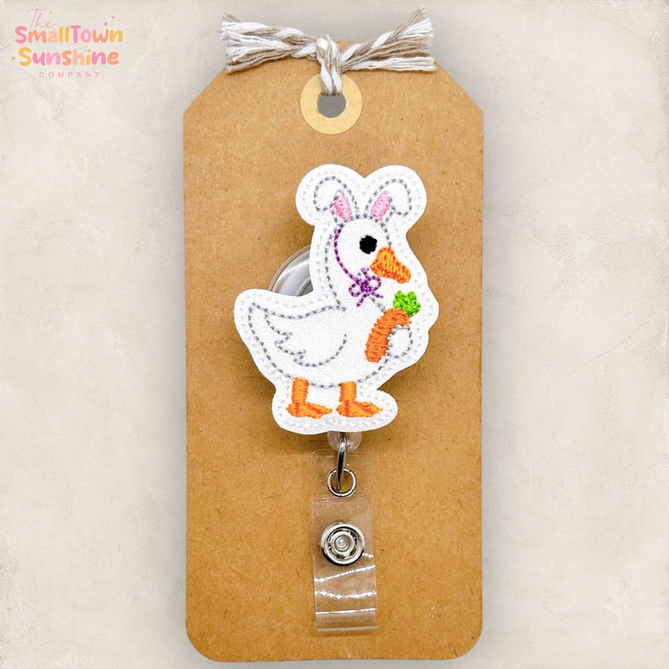 Silly Easter Goose Badge Reel, Funny Bunny Name Tag, Nurse Badge Clip, Teacher Lanyard, Coworker Gift, Retractable ID Holder | GLITTER
