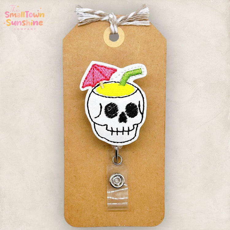 Umbrella Drink Skull Badge Reel, SummerWeen Name Tag, Halloween, Nurse Badge Clip, Teacher Lanyard, Coworker Gift, Retractable ID Holder
