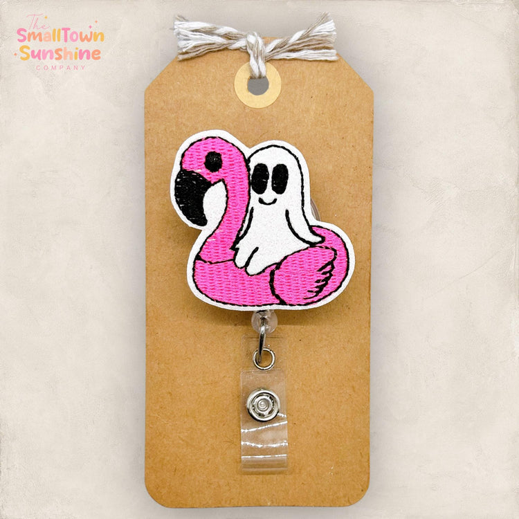 Flamingo Floatie Ghost Badge Reel, SummerWeen Name Tag, Halloween, Nurse Badge Clip, Teacher Lanyard, Coworker Gift, Retractable ID Holder