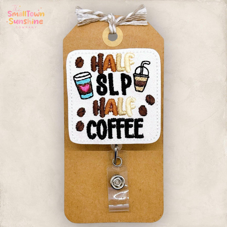 Half SLP Half Coffee Badge Reel, Speech Therapist Badge Clip, Coffee Name Tag, Lanyard, Coworker Gift, Retractable ID Holder | GLITTER