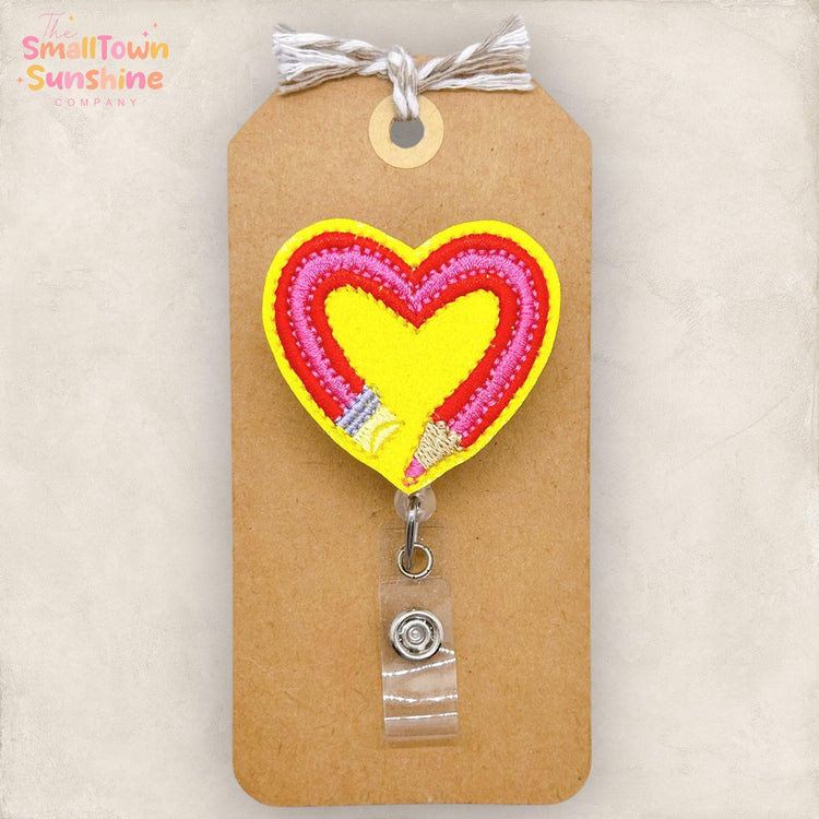 Heart Pencil Badge Reel, Teacher Badge Clip, TA Lanyard, Student Teacher Name Tag, Teacher Appreciation, Retractable ID Holder | GLITTER