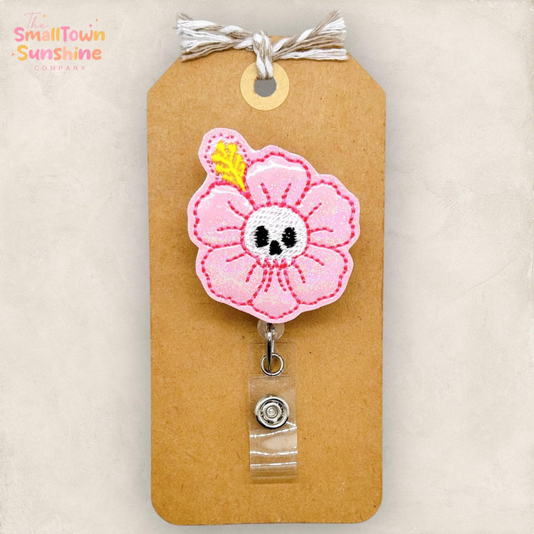 Skull Hibiscus Badge Reel, SummerWeen Name Tag, Halloween Flower, Nurse Badge Clip, Teacher Lanyard, Coworker Gift, Retractable ID Holder