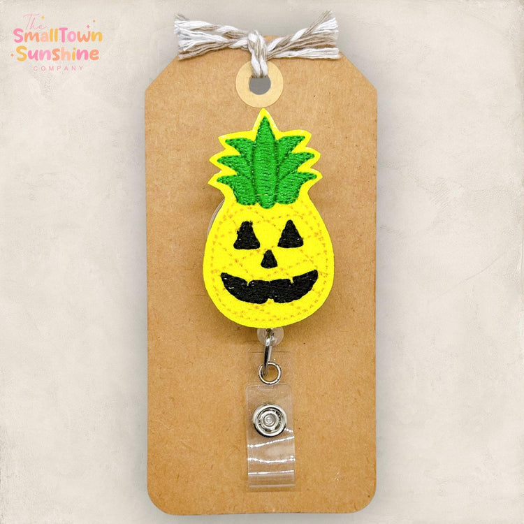 Pineapple Jack O Lantern Badge Reel, SummerWeen Name Tag, Halloween, Nurse Badge Clip, Teacher Lanyard, Coworker Gift, Retractable ID Holder