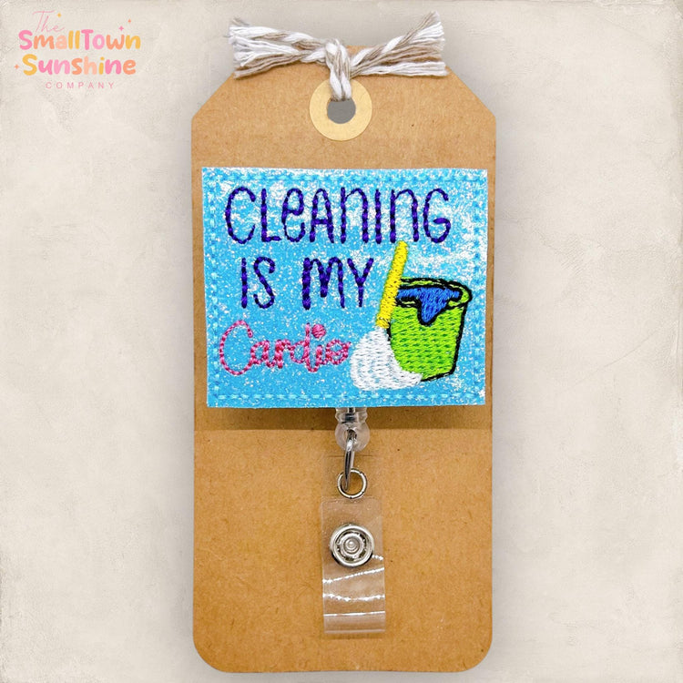 Cleaning is My Cardio Badge Reel, EVS Badge Clip, Housekeeping Lanyard, Coworker Gift, Interchangeable, Retractable ID Holder | GLITTER