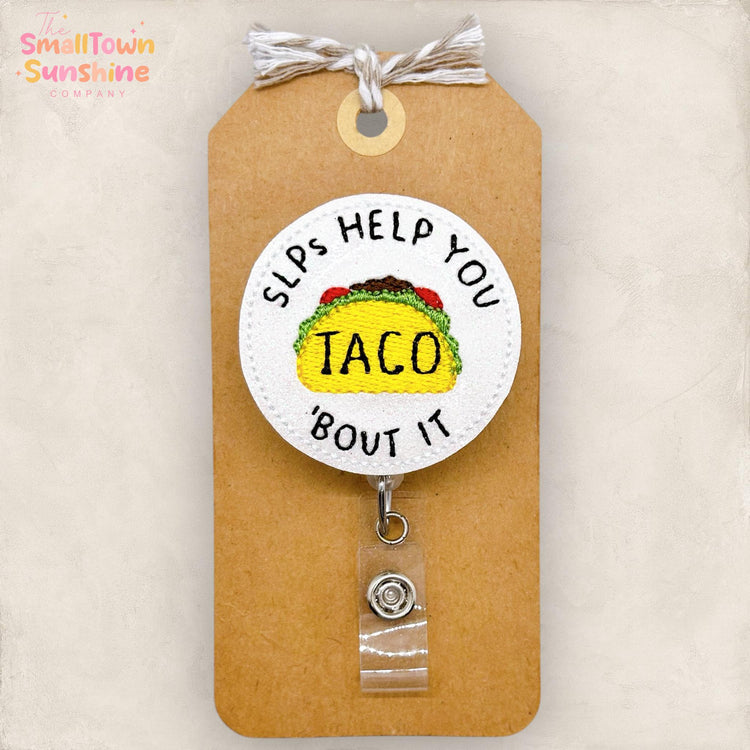 SLP’s Help You Taco About It, Speech Therapist Badge Reel, Funny Speech Pathology Lanyard, Coworker Gift, Retractable ID Holder | GLITTER