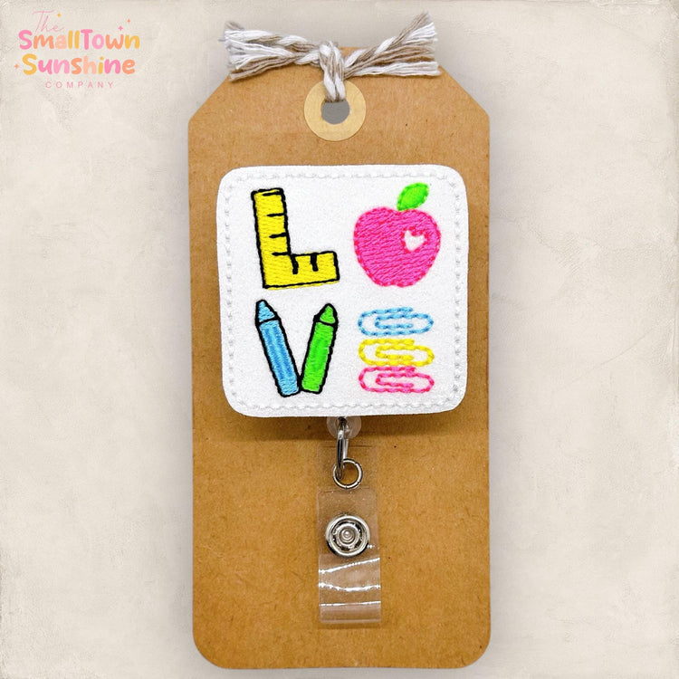 School Love Badge Reel, Elementary Badge Clip, Teacher Lanyard, Coworker Gift, TA Name Tag, Interchangeable, Retractable ID Holder | GLITTER