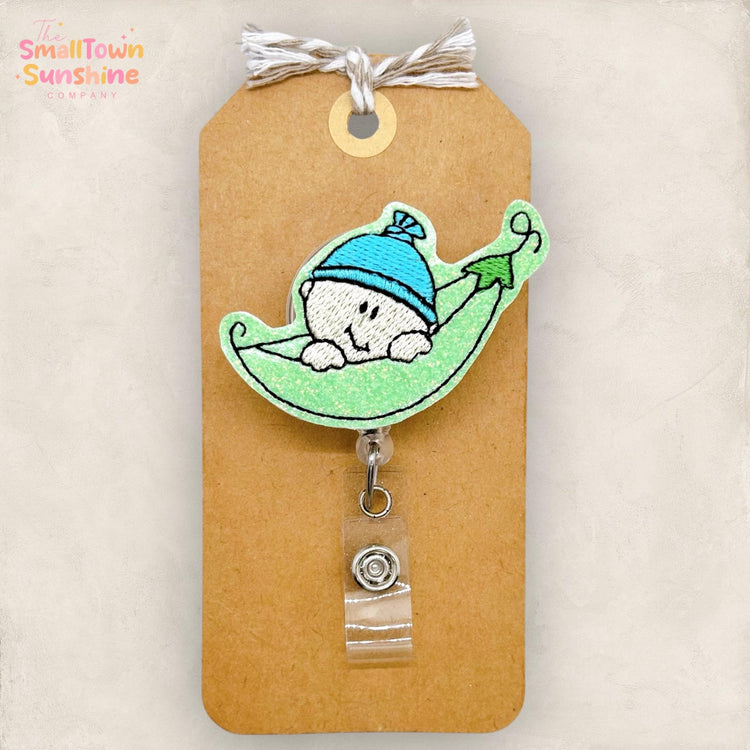 Baby Boy Pea Pod Badge Reel, NICU Badge Reel, L & D Nurse Badge Clip, Hospital Lanyard, Coworker Gift, Retractable ID Holder | GLITTER