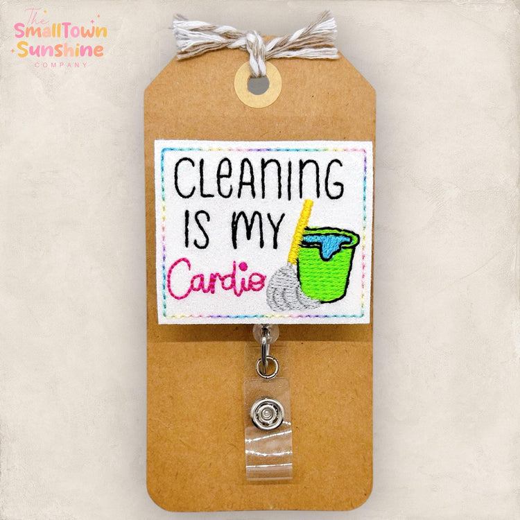 Cleaning is My Cardio Badge Reel, EVS Badge Clip, Housekeeping Lanyard, Coworker Gift, Interchangeable, Retractable ID Holder | GLITTER