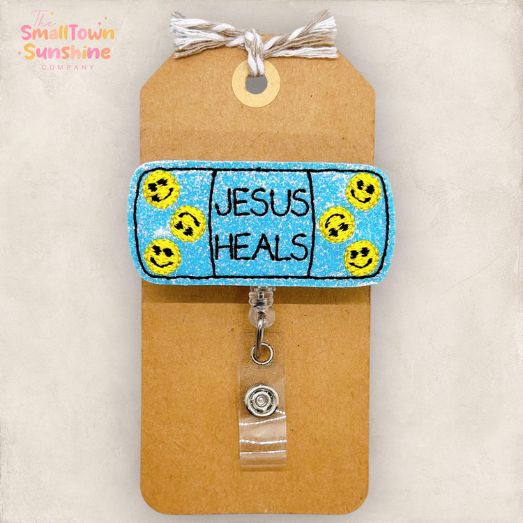 Jesus Heals Badge Reel, Adhesive Bandage Badge Reel, Nurse Badge Clip, School Nurse Lanyard, Coworker Gift, Retractable ID Holder | GLITTER