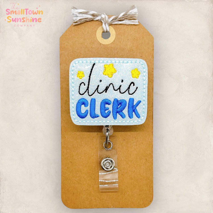 Clinic Clerk Badge Reel, Medical Receptionist Badge Clip, Front Desk Lanyard, Coworker Gift, Name Tag, Retractable ID Holder | GLITTER
