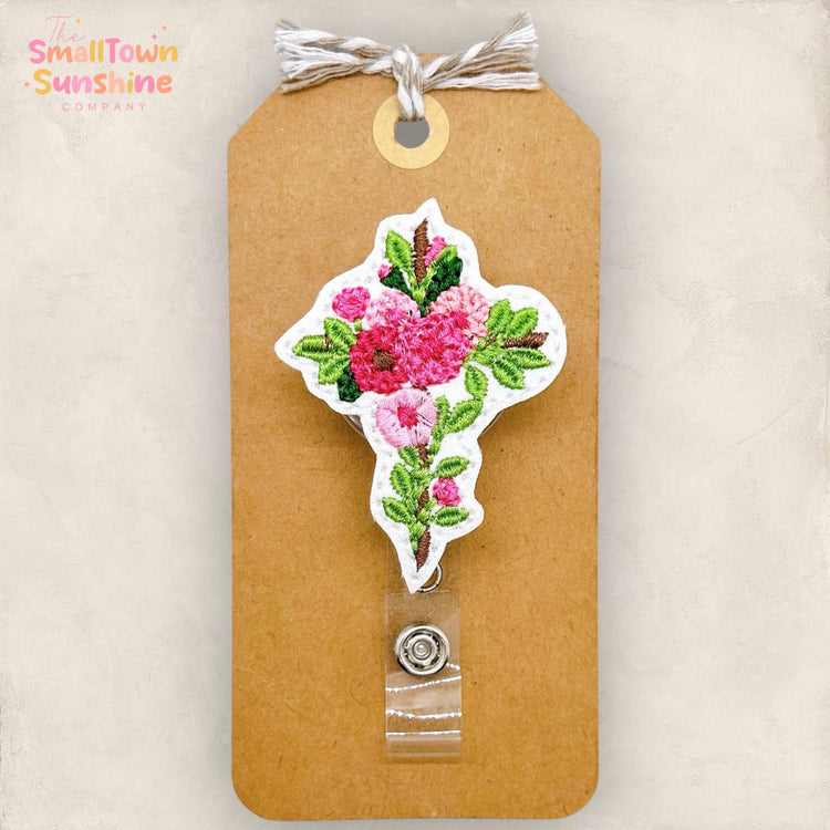Floral Cross Badge Reel, Christian Badge, Hospital Chaplain Name Tag, Nurse Badge Clip, Teacher Lanyard, Retractable ID Holder | GLITTER