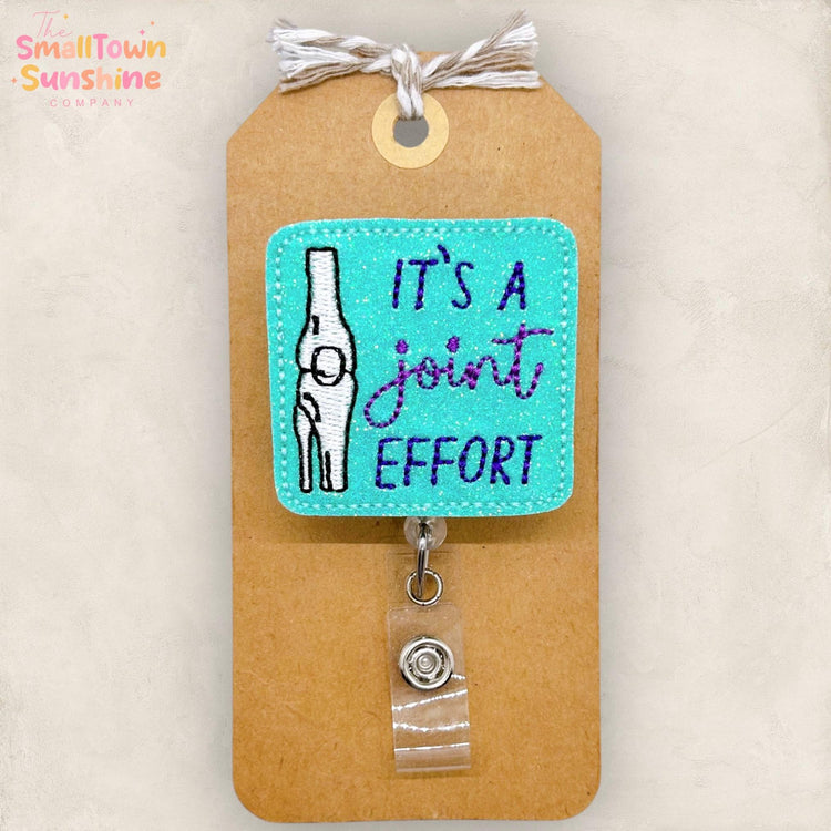 It’s a Joint Effort Badge Reel, Physical Therapy Badge Clip, Orthopedic Lanyard, Name Tag, Coworker Gift, Retractable ID Holder | GLITTER