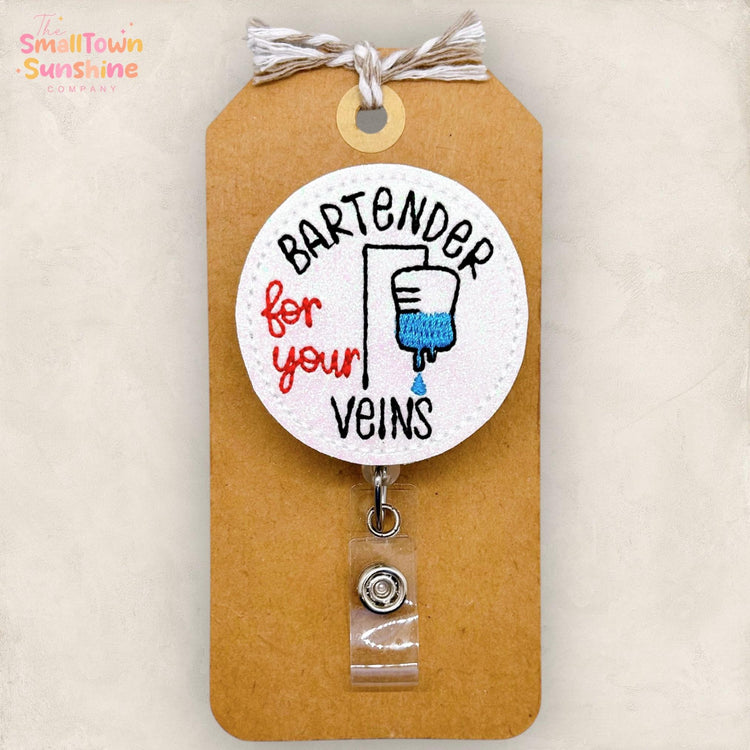 Bartender for Your Veins Badge Reel, IV Therapy Name Tag, Oncology Badge Clip, Chemo Lanyard, Coworker Gift, Retractable ID Holder | GLITTER