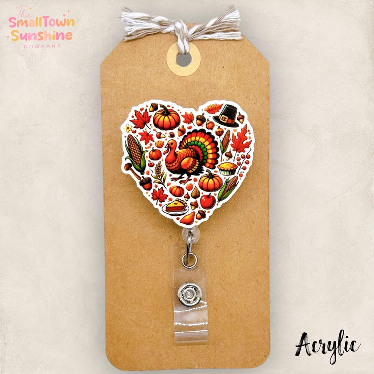 Thanksgiving Heart Badge Reel, Fall Badge Reel, Nurse Badge Clip, Teacher Lanyard, Coworker Gift, Name Tag, Retractable ID Holder | ACRYLIC