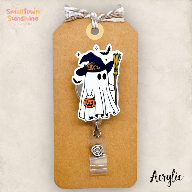Witch Ghost Badge Reel, Halloween Badge, Spooky Season, Nurse Badge Clip, Teacher Lanyard, Coworker Gift, Retractable ID Holder | ACRYLIC
