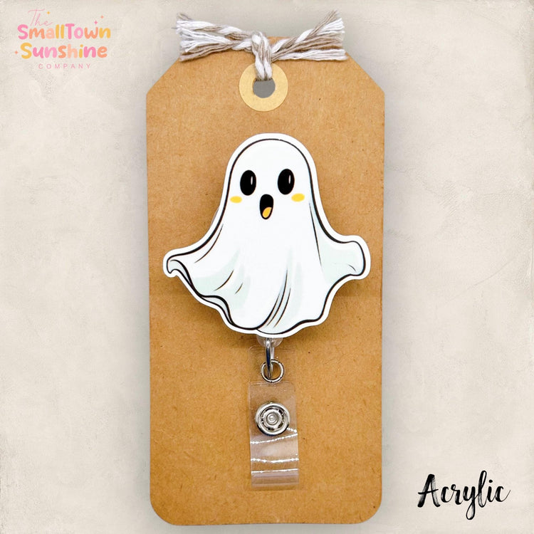 Cute Shocked Ghost Badge Reel, Halloween Badge Reel, Fall Nurse Badge Clip, Teacher Lanyard, Coworker Gift, Retractable ID Holder | ACRYLIC
