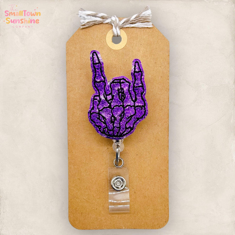 Skeleton Rock On Badge Reel, Skellie Name Tag Holder, Nurse Badge Clip, Teacher Lanyard, Coworker Gift, Retractable ID Holder | GLITTER