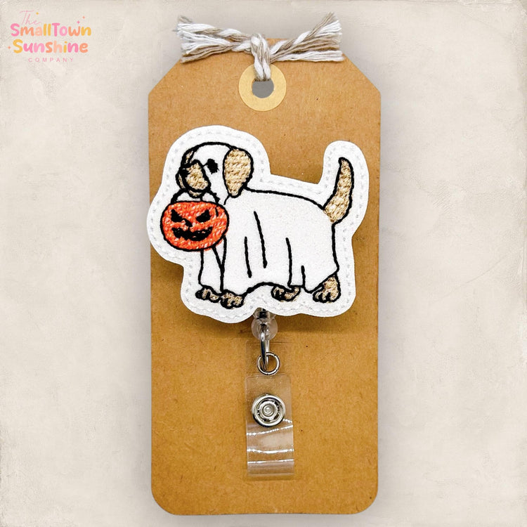 Ghost Dog with Pumpkin Badge Reel, Halloween Badge Clip, Nurse Badge Reel, Teacher Lanyard, Coworker Gift, Retractable ID Holder | GLITTER