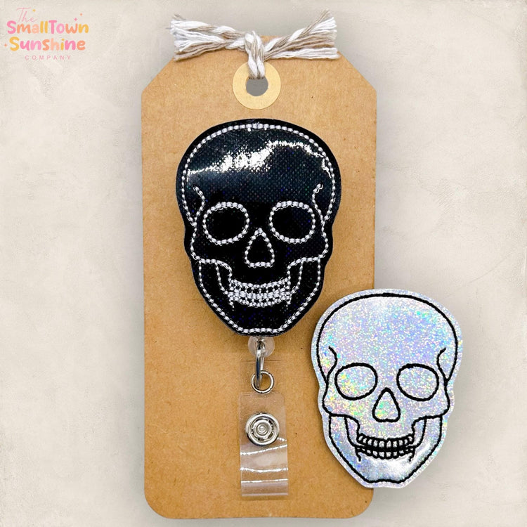 Holographic Skull Badge Reel, Halloween Badge Reel, Nurse Badge Clip, Teacher Lanyard, Coworker Gift, RN Name Tag, Retractable ID Holder