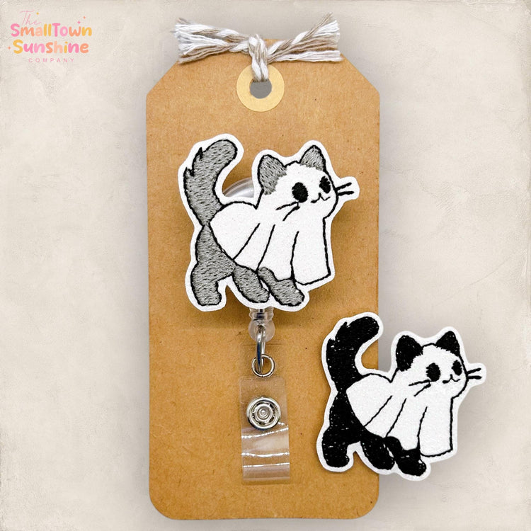 Spooky Cat Badge Reel, Halloween Ghost Badge Reel, Nurse Badge Clip, Teacher Lanyard, Coworker Gift, Retractable ID Holder | GLITTER