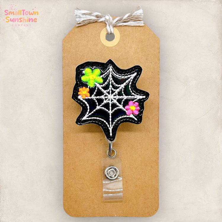 Spiderweb with Flowers Badge Reel, Halloween Badge Reel, Nurse Badge Clip, Teacher Lanyard, Coworker Gift, Name Tag, Retractable ID Holder