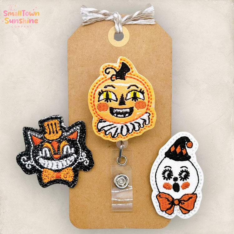 Vintage Halloween Badge Reel, Ghost, Pumpkin, Black Cat, Nurse Badge Clip, Teacher Lanyard, Coworker Gift, Retractable ID Holder | GLITTER