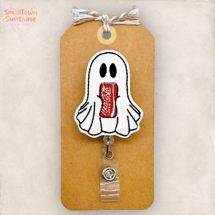 Ghost with Soda Badge Reel, Halloween Badge, Nurse Badge Clip, Teacher Lanyard, Coworker Gift, Name Tag, Retractable ID Holder | GLITTER