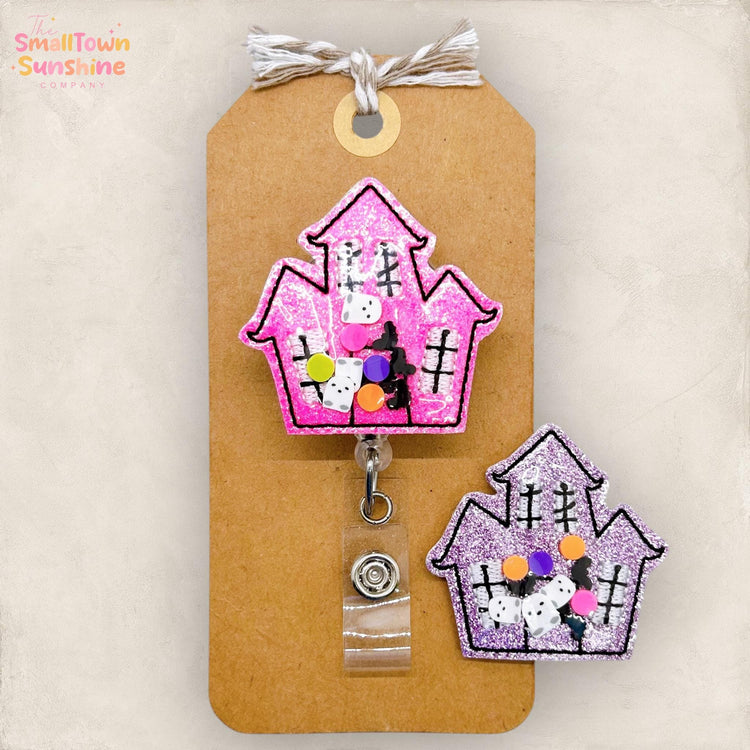Haunted House Shaker Badge Reel, Halloween Badge Reel, Nurse Badge Clip, Teacher Lanyard, Coworker Gift, Retractable ID Holder | GLITTER