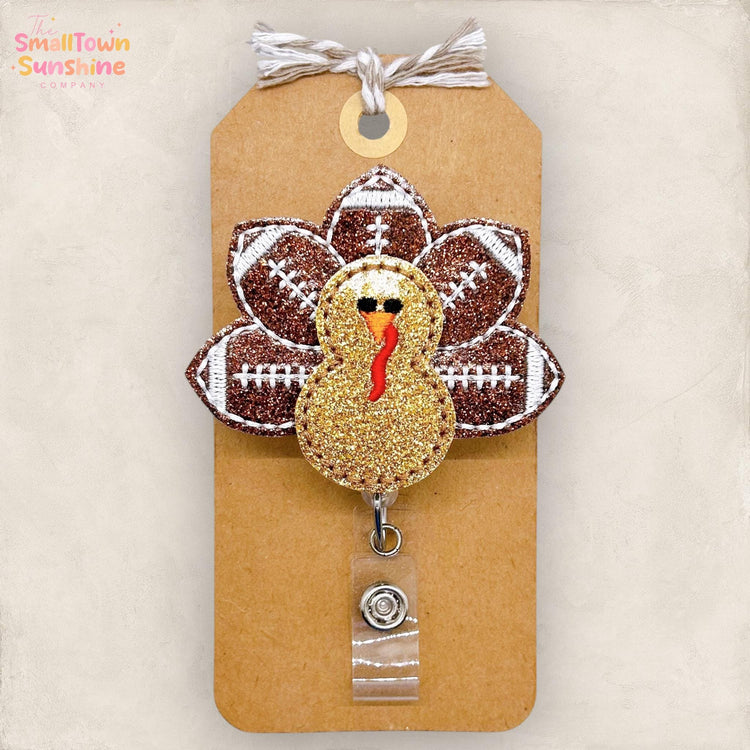 Football Turkey Badge Reel, Thanksgiving Badge, Nurse Badge Clip, Teacher Lanyard, Coworker Gift, Name Tag, Retractable ID Holder | GLITTER