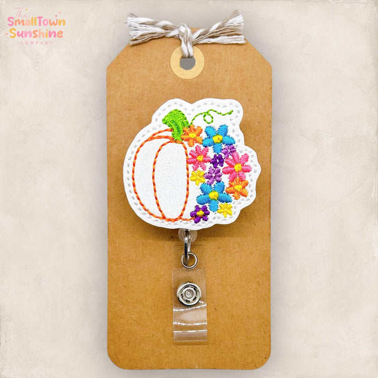 Pumpkin with Colorful Flowers Badge Reel, Fall Badge Reel, Autumn Nurse Badge Clip, Teacher Lanyard, Coworker Gift, Retractable ID Holder