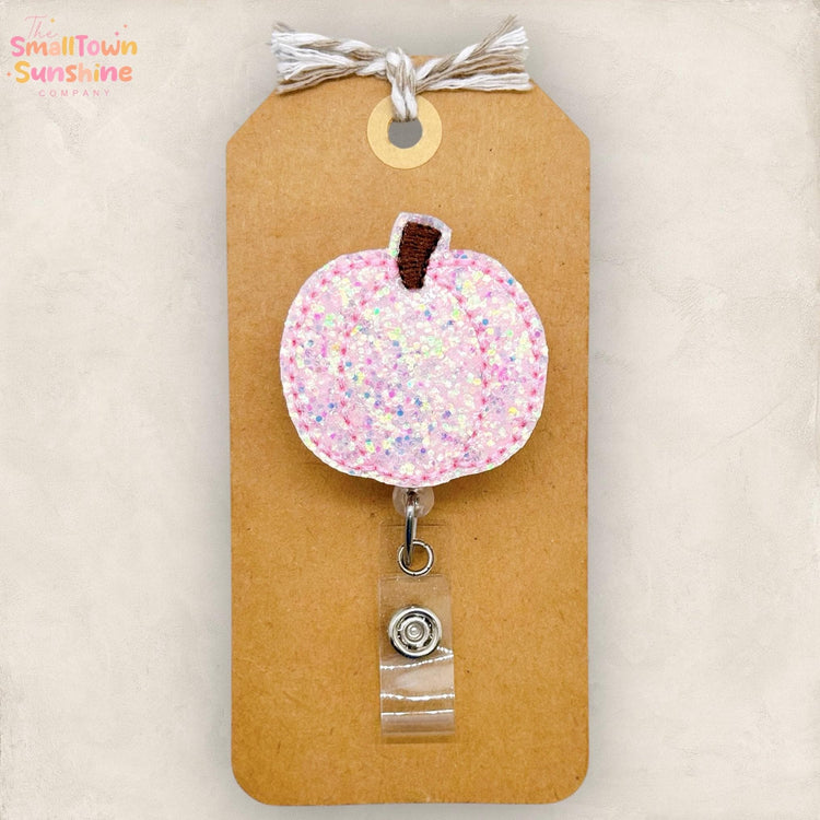 Pink Glitter Pumpkin Badge Reel, Fall Badge Reel, Autumn Nurse Badge Clip, Teacher Lanyard, Coworker Gift, Name Tag, Retractable ID Holder