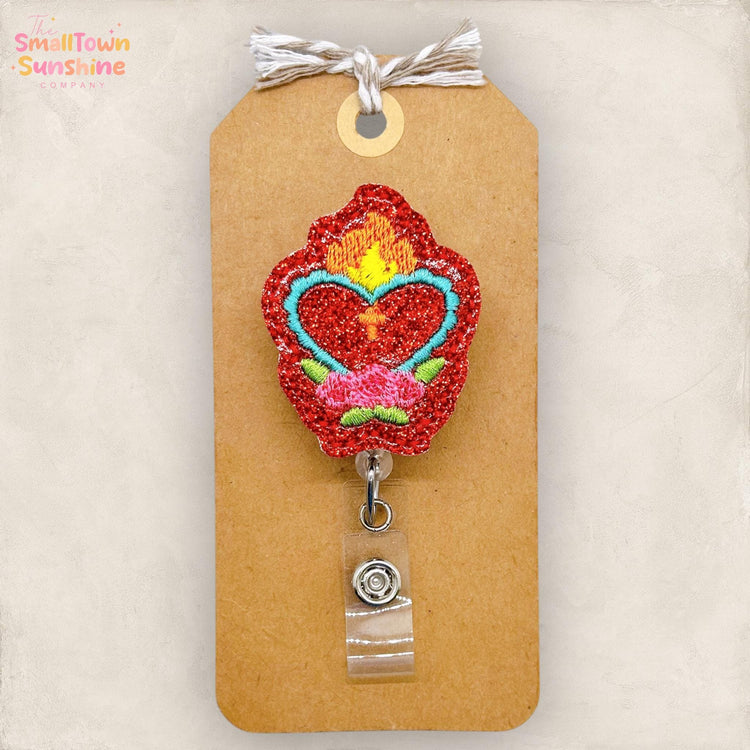 Sacred Heart Badge Reel, Dia de los Muertos Badge Reel, Nurse Badge Clip, Teacher Lanyard, Coworker Gift, Retractable ID Holder | GLITTER
