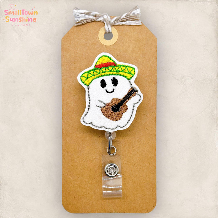 Guitar Ghost Badge Reel, Dia de los Muertos Badge Reel, Nurse Badge Clip, Teacher Lanyard, Coworker Gift, Retractable ID Holder | GLITTER