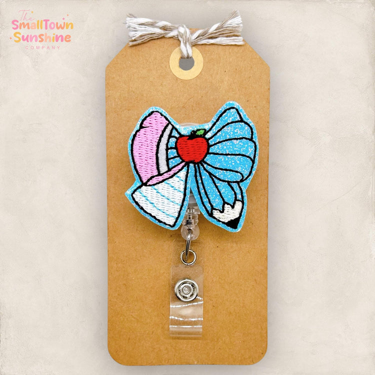 Blue School Bow Badge Reel, Teacher Badge Clip, School Nurse Name Tag, Aide Lanyard, Coworker Gift, Retractable ID Holder | GLITTER