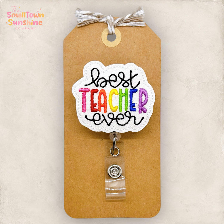 Best Teacher Ever Badge Reel, Teacher Badge Reel, Student Teacher Name Tag, Para Lanyard, Coworker Gift, Retractable ID Holder | GLITTER