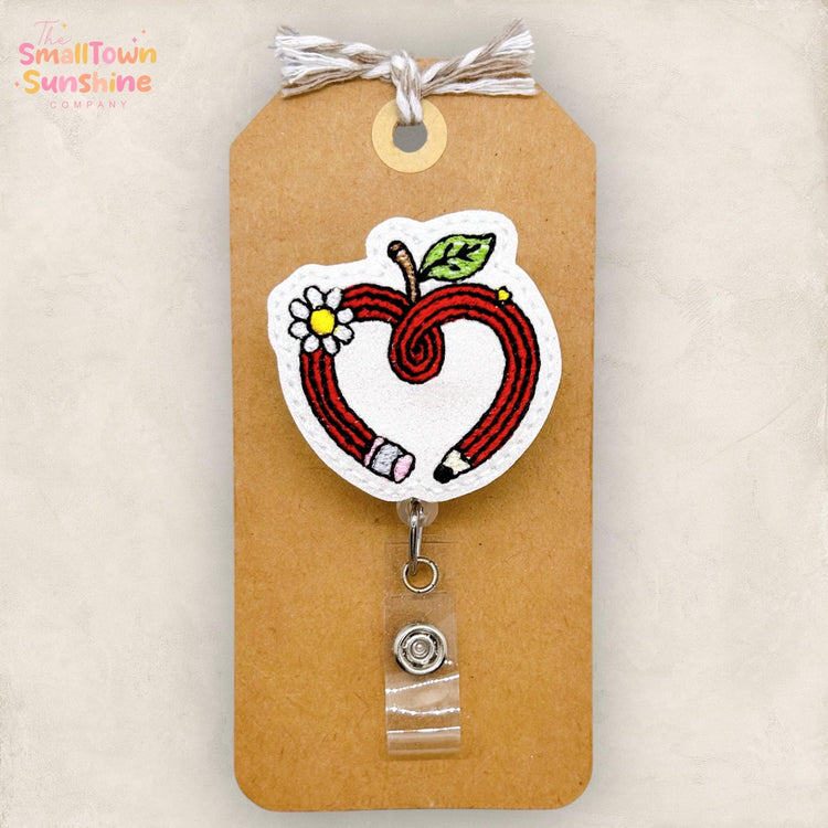 Red Pencil Apple Badge Reel, Teacher Badge Clip, TA Lanyard, Student Teacher Name Tag, Teacher Appreciation, Retractable ID Holder | GLITTER