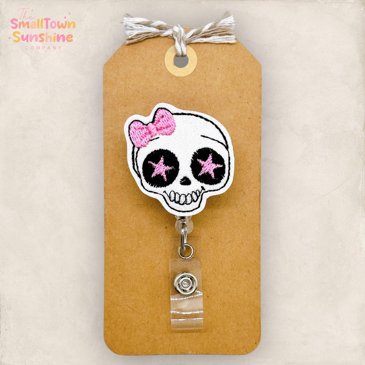 Star Eyed Skeleton with Bow Badge Reel, Halloween Badge, Nurse Badge Clip, Teacher Lanyard, Coworker Gift, Retractable ID Holder | GLITTER