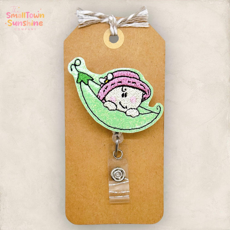 Baby Girl Pea Pod Badge Reel, NICU Badge Reel, L & D Nurse Badge Clip, Hospital Lanyard, Coworker Gift, Retractable ID Holder | GLITTER