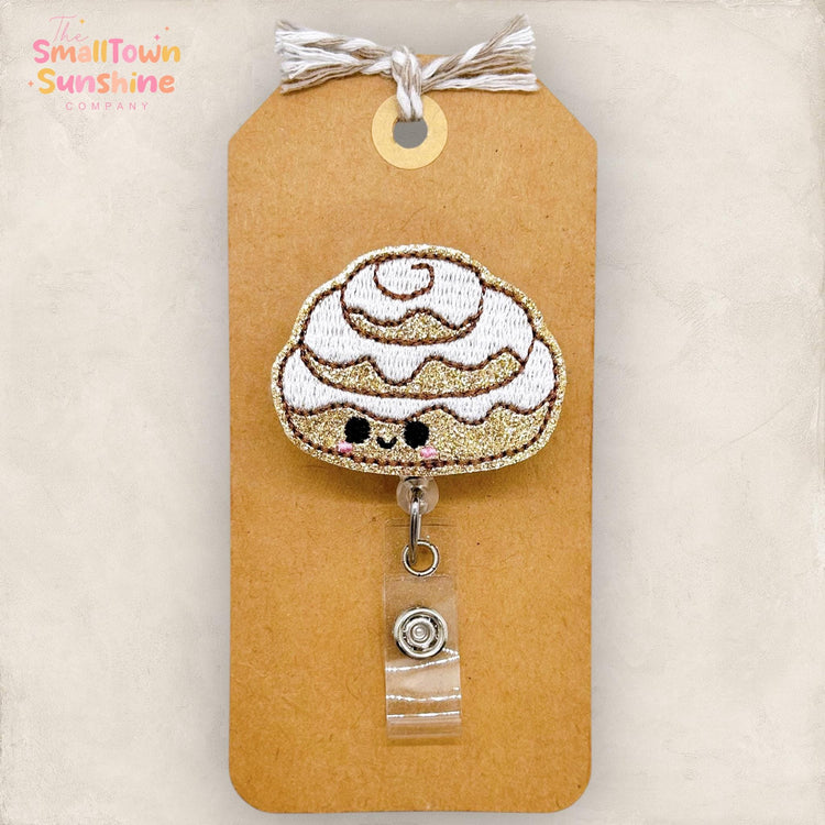 Cinnamon Roll Badge Reel, Breakfast Badge Reel, Bakery Name Tag, Nurse Badge Clip, Retractable ID Holder, Lanyard, Coworker Gift | GLITTER