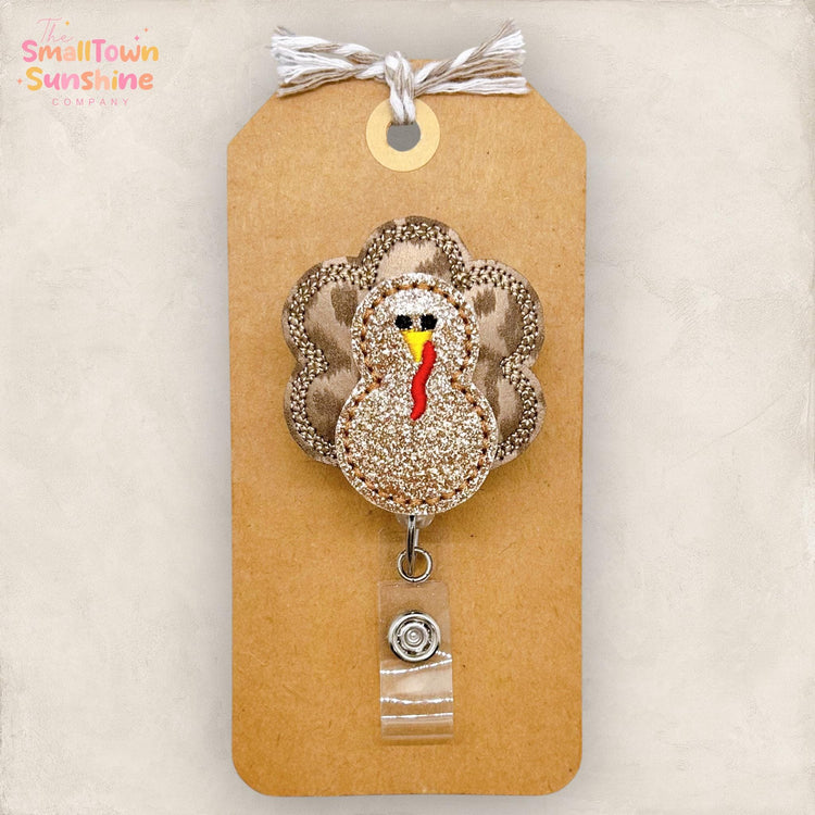 Brown Leopard Turkey Badge Reel, Thanksgiving Badge Reel, Nurse Badge Clip, Teacher Lanyard, Coworker Gift, Retractable ID Holder | GLITTER